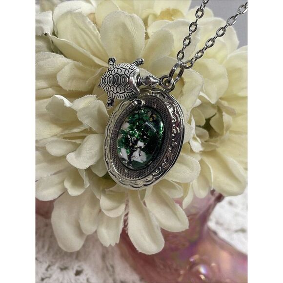 Green Turtle Opal Silver Nautical Beach Mermaid Photo Locket Necklace Valentines - Picture 3 of 16